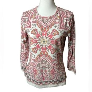 J. McLaughlin Paisley Print Top Shirt Catalina Cloth Pink Olive Green Size Sm.